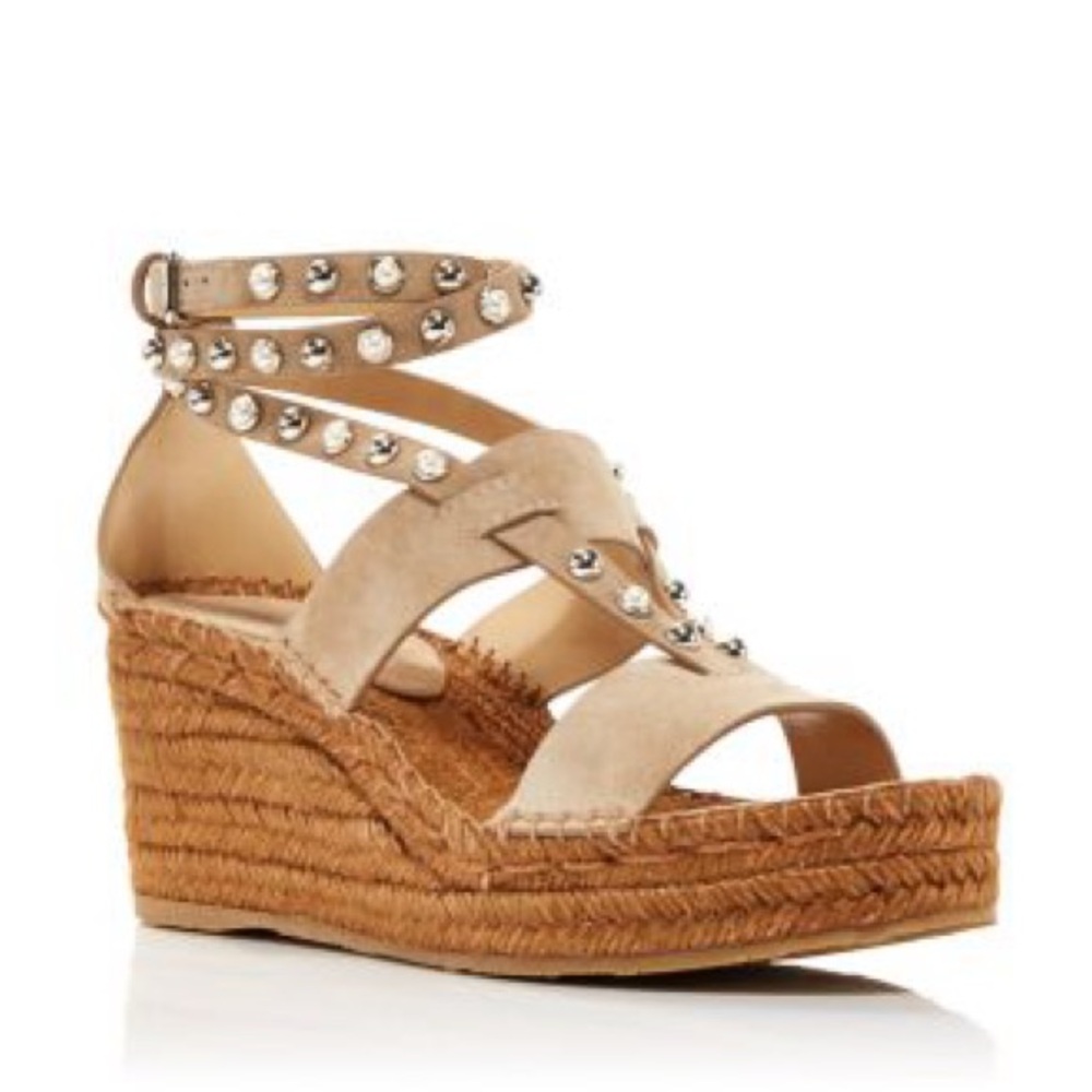 Jimmy Choo Beige Suede Studded Pearl Espadrille Wedge Sandal 38